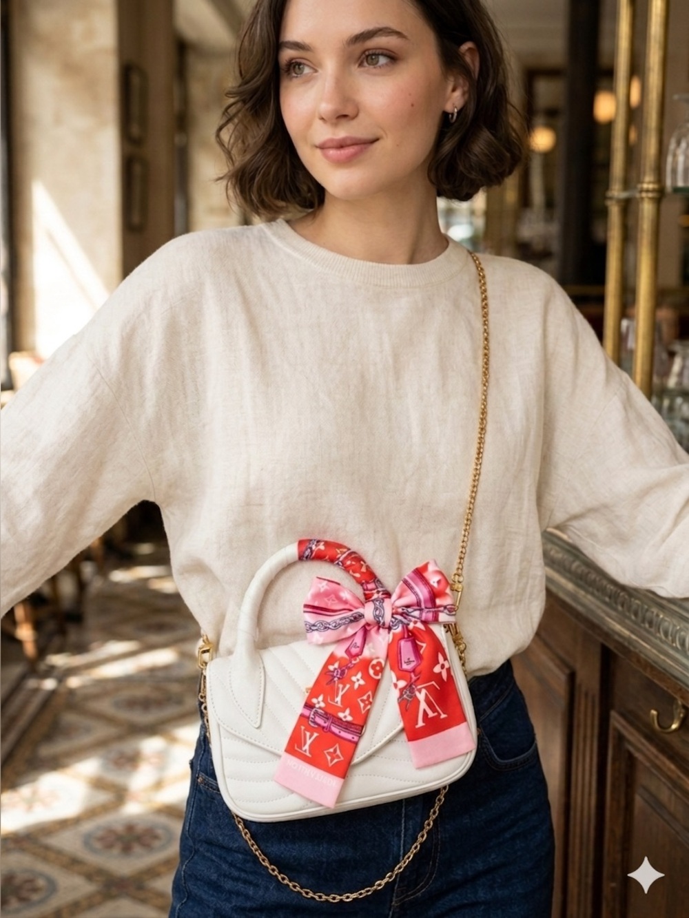 Red and Pink Iconic Monogram Print Twilly Bandeau Wrap Scarf - Picture 7 of 7